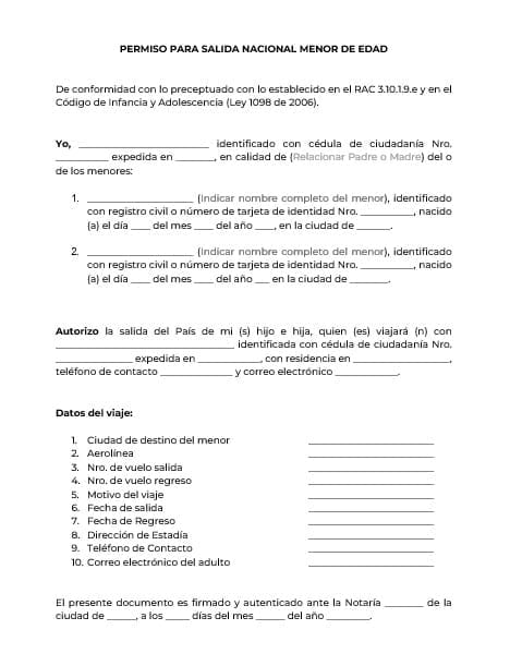 Permiso de Viaje para Niños Dentro de Colombia Formato