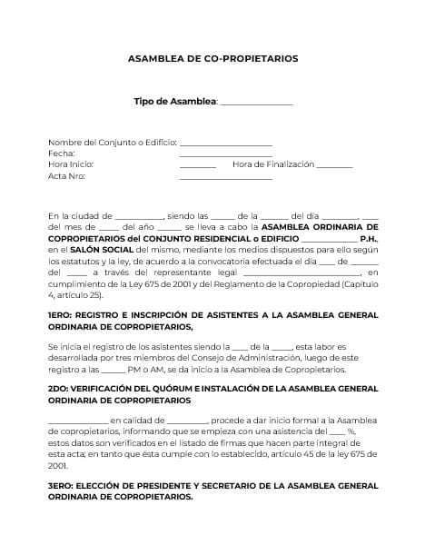 Acta De Asamblea De Copropietarios Modelo Descargable